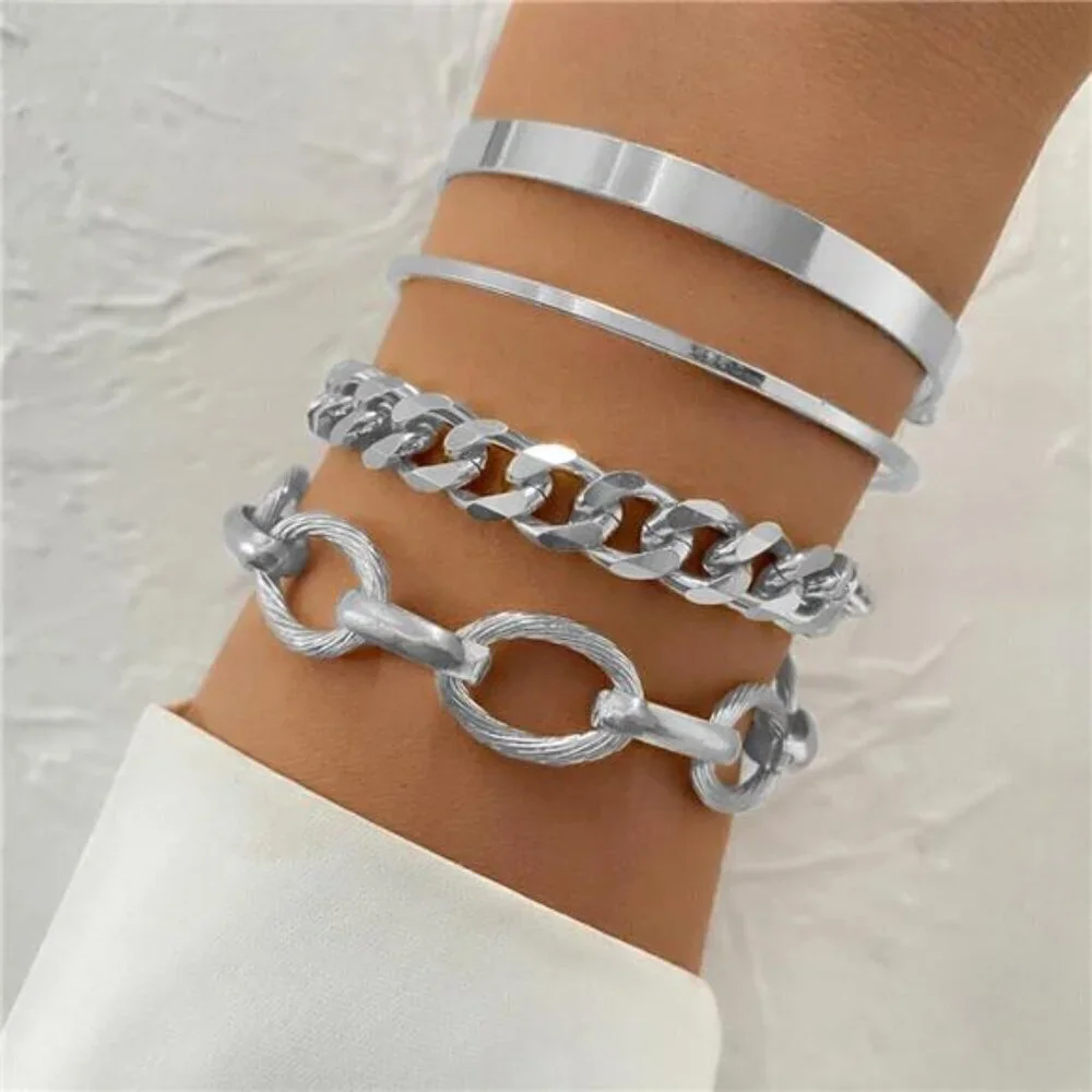 4-Piece Silver Bracelet Set for Women Chunky Chain, 2 Minimalist Cuff, and Rope